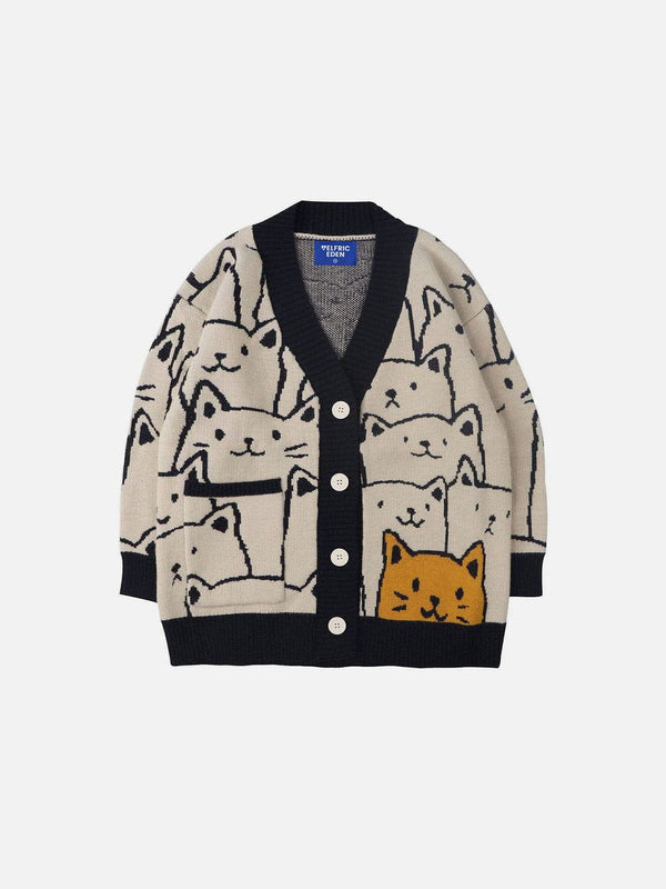 Fvshya Cartoon Cat Print Knit Cardigan