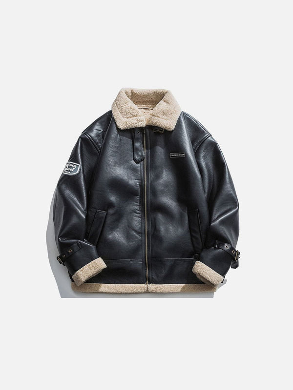 Fvshya Zipper Lapel PU Borg Jacket