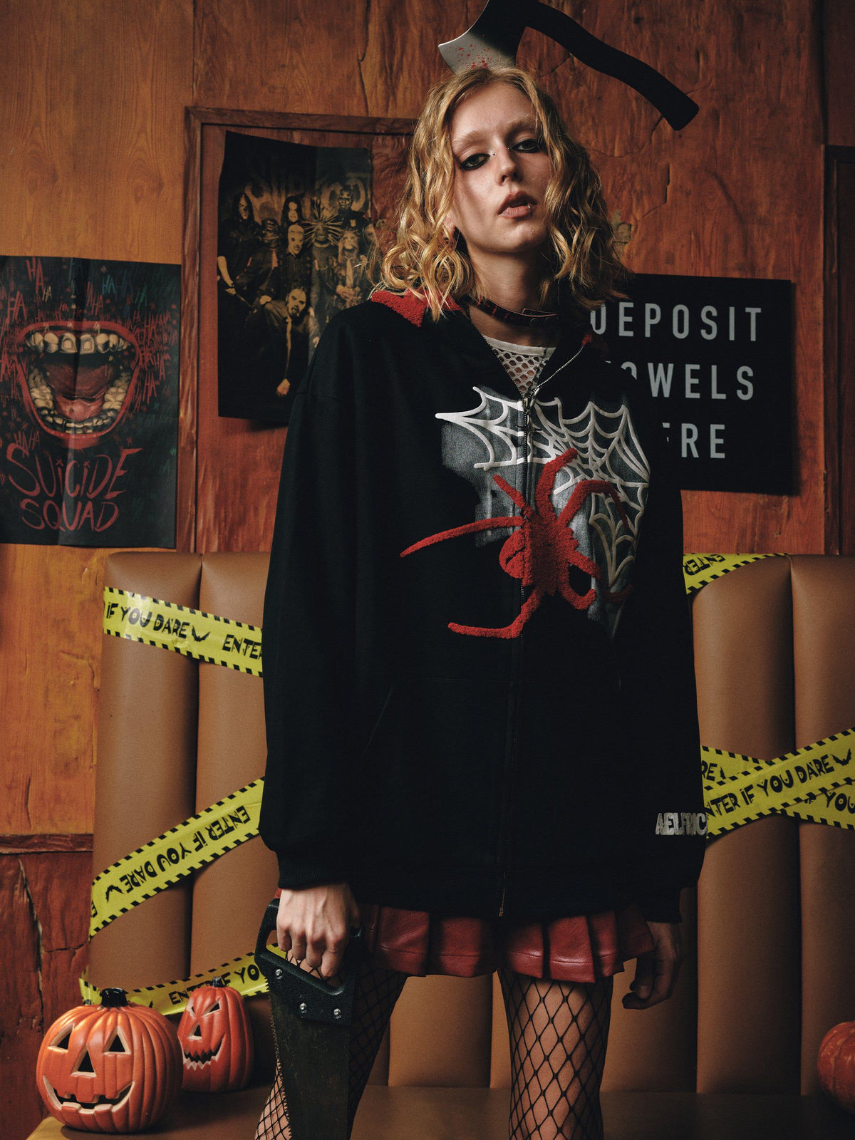 Fushya Horn Design Flocking Spider Zip Up Hoodie