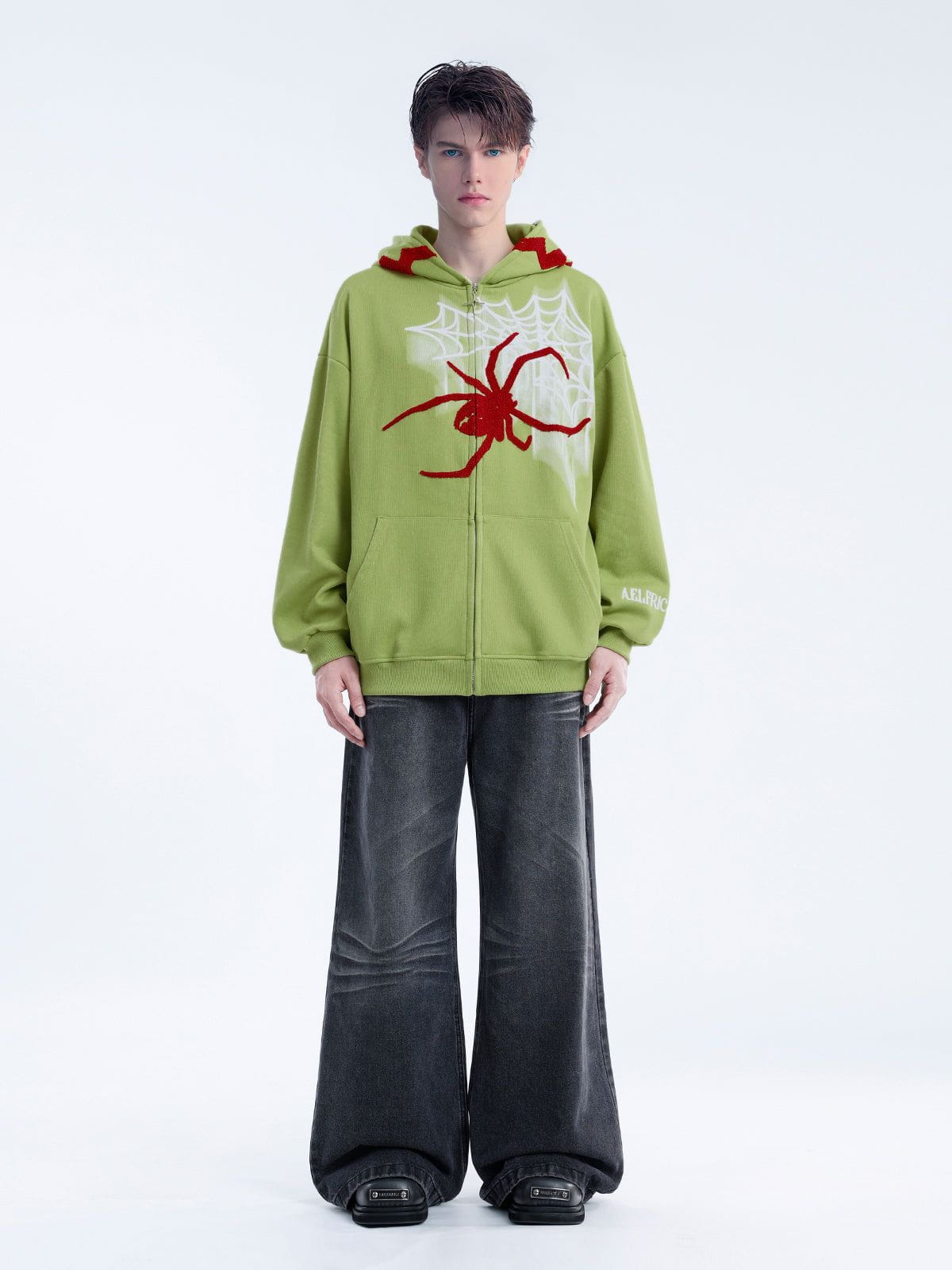 Fushya Horn Design Flocking Spider Zip Up Hoodie