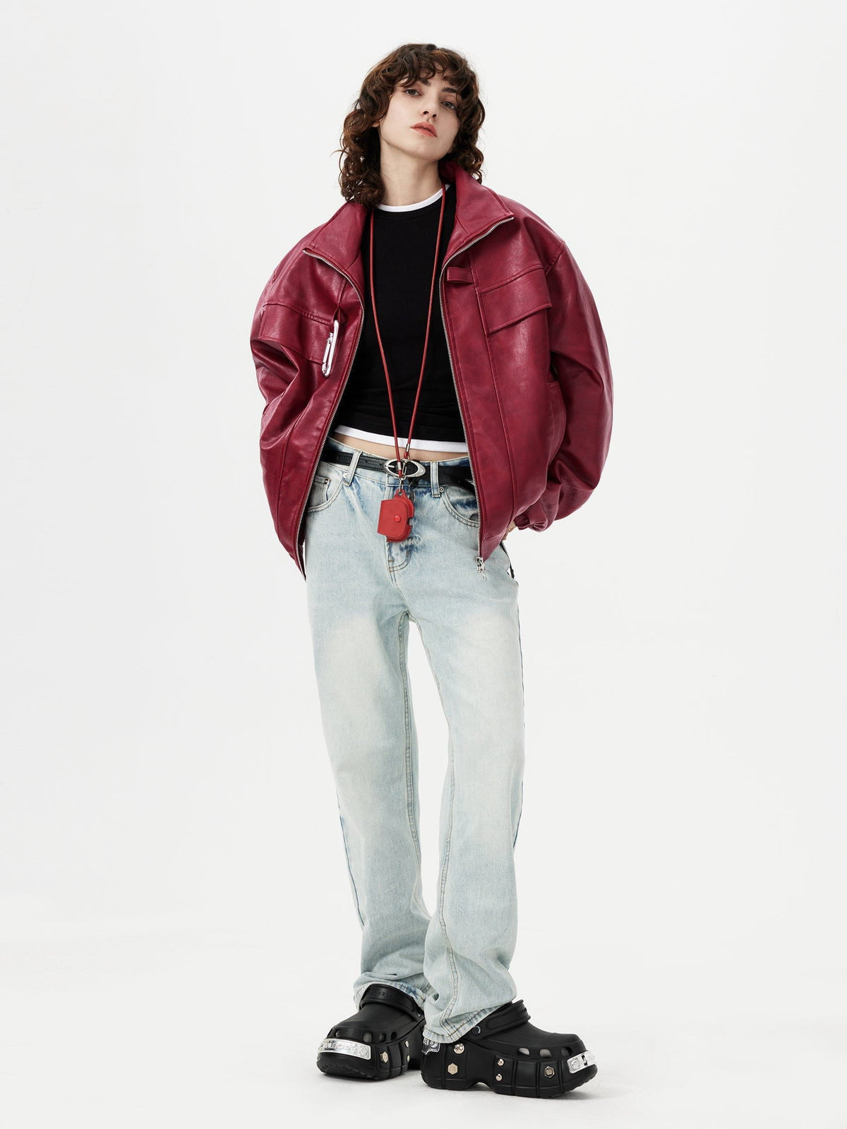 Fushya Metal Buckle Faux Leather Jacket