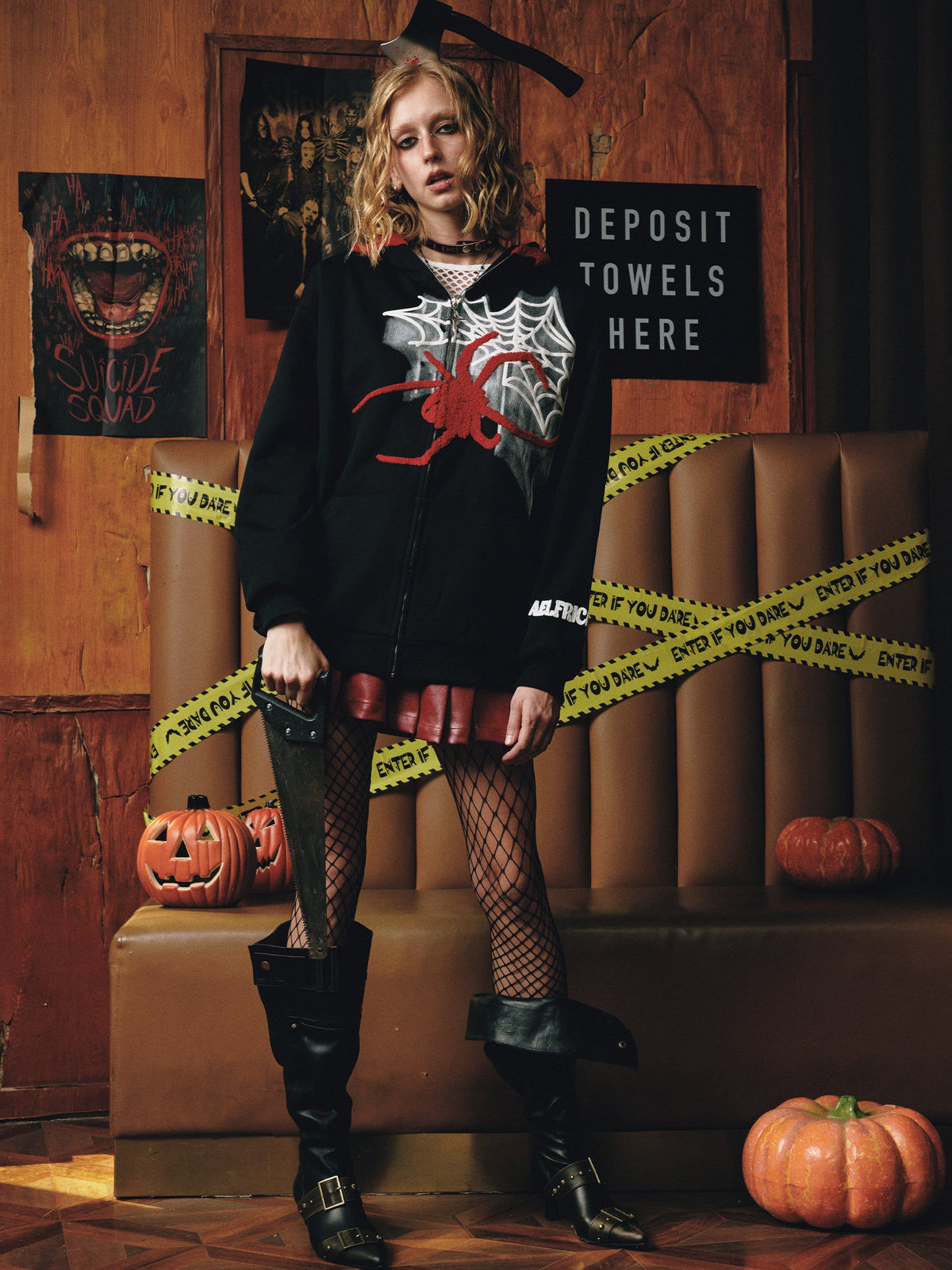 Fushya Horn Design Flocking Spider Zip Up Hoodie
