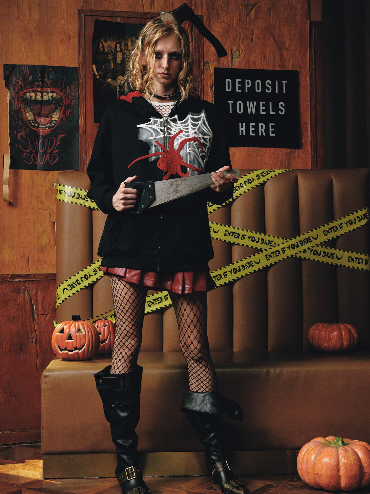 Fushya Horn Design Flocking Spider Zip Up Hoodie