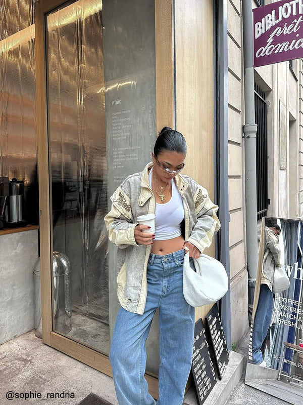 Fvshya Vintage Patchwork Washed Denim Jacket