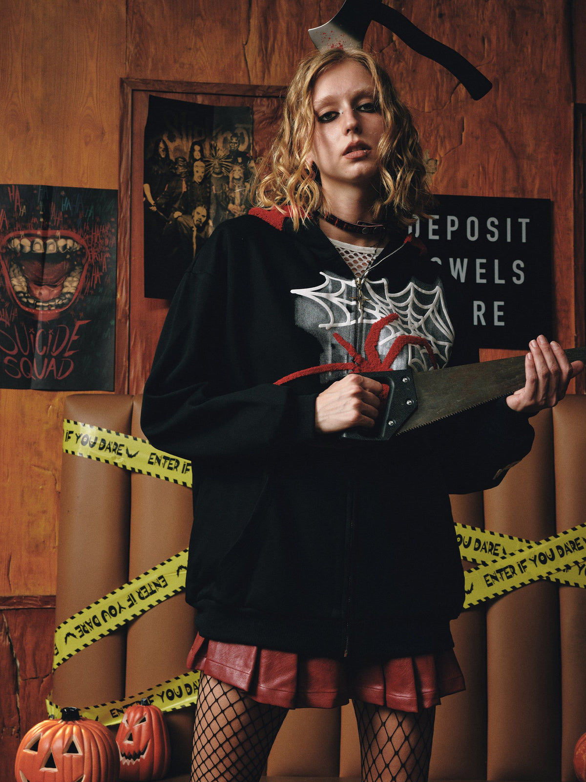Fushya Horn Design Flocking Spider Zip Up Hoodie