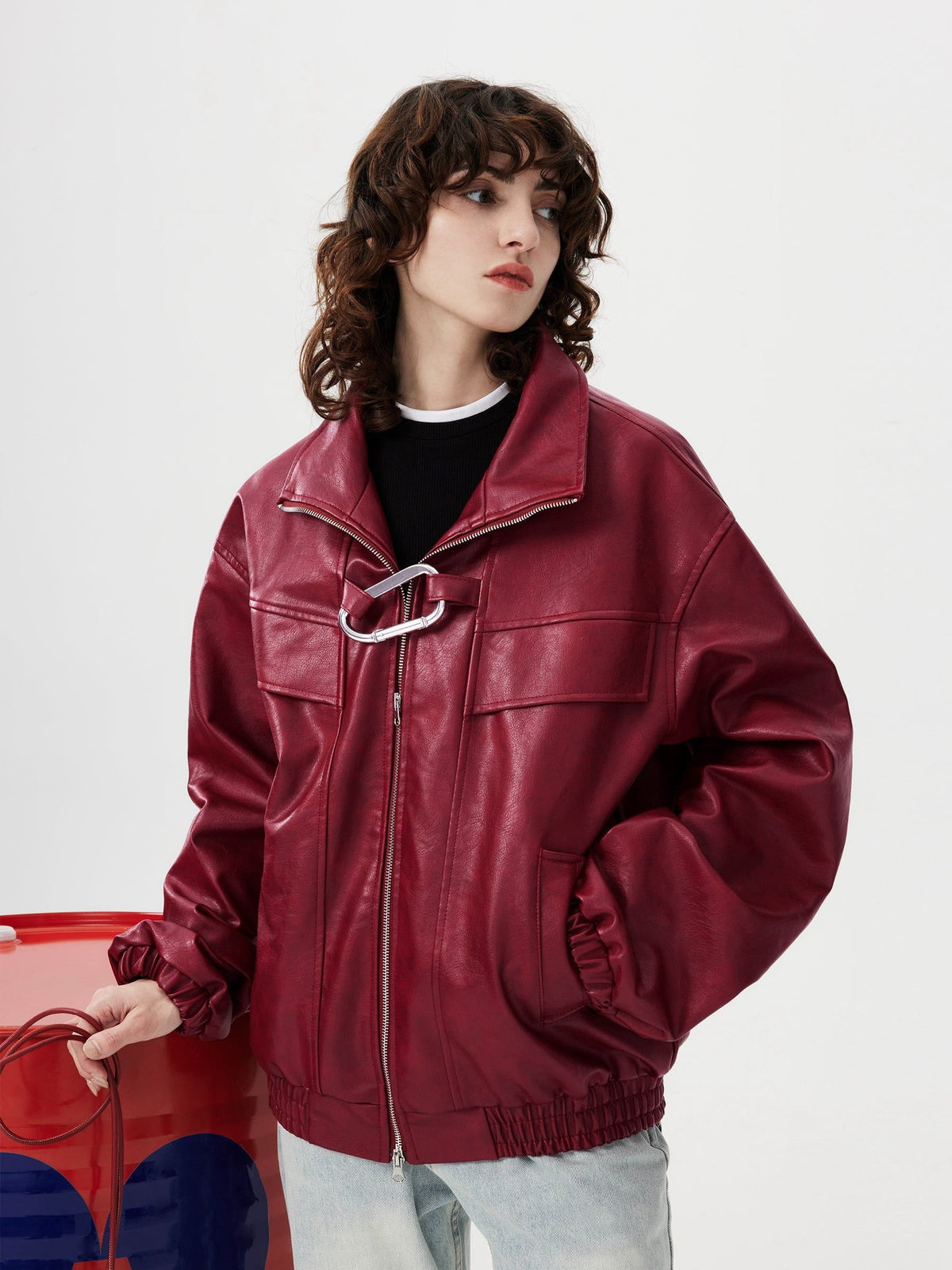 Fushya Metal Buckle Faux Leather Jacket