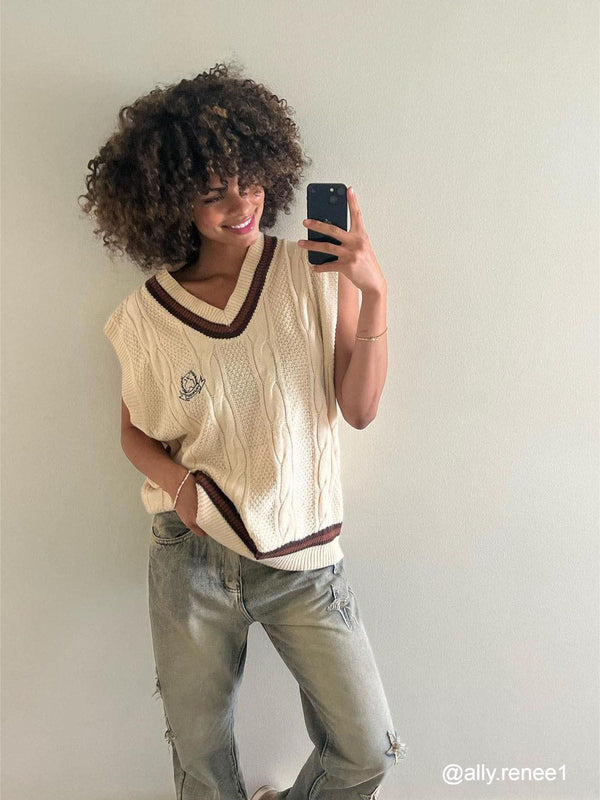 Fvshya Vintage Preppy Style Knit Sweater Vest