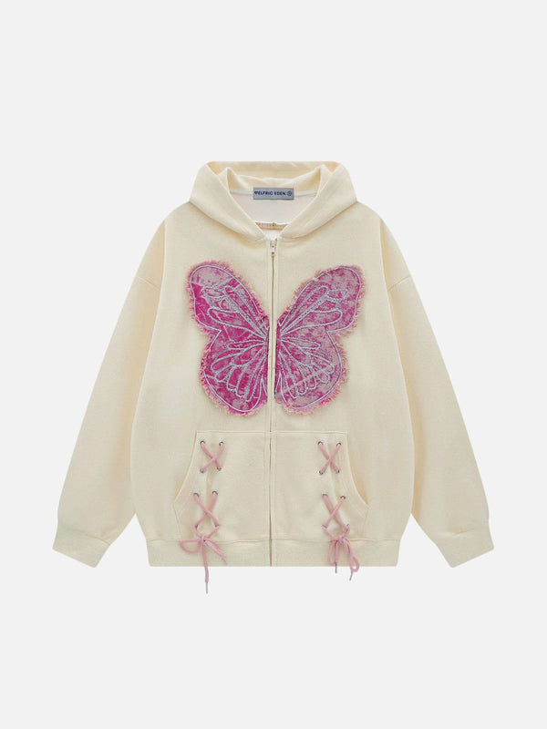 Fvshya Fringe Washed Butterfly Zip Up Hoodie