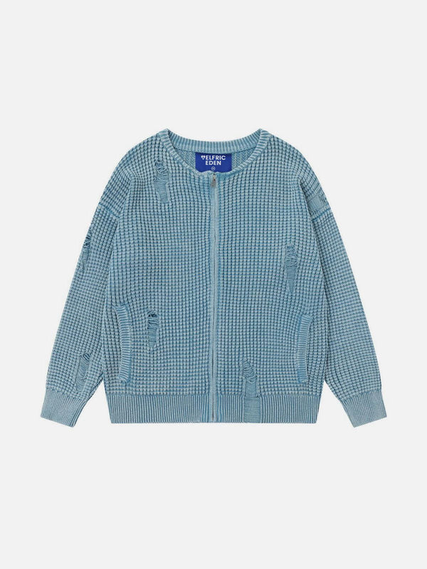 Fvshya Distressed Waffle Zip Up Cardigan