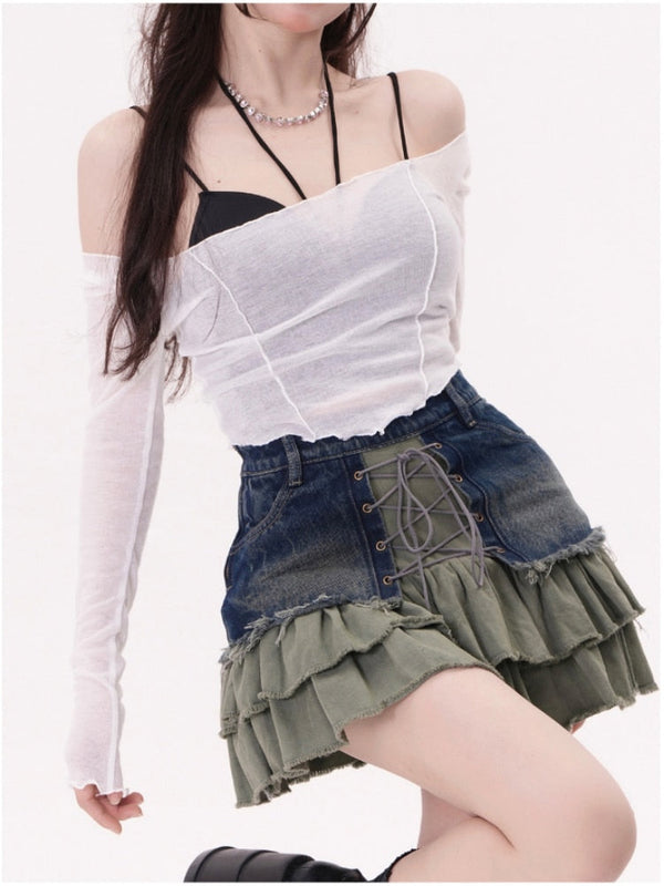 Fvshya Vintage Denim Ruffles Skirt