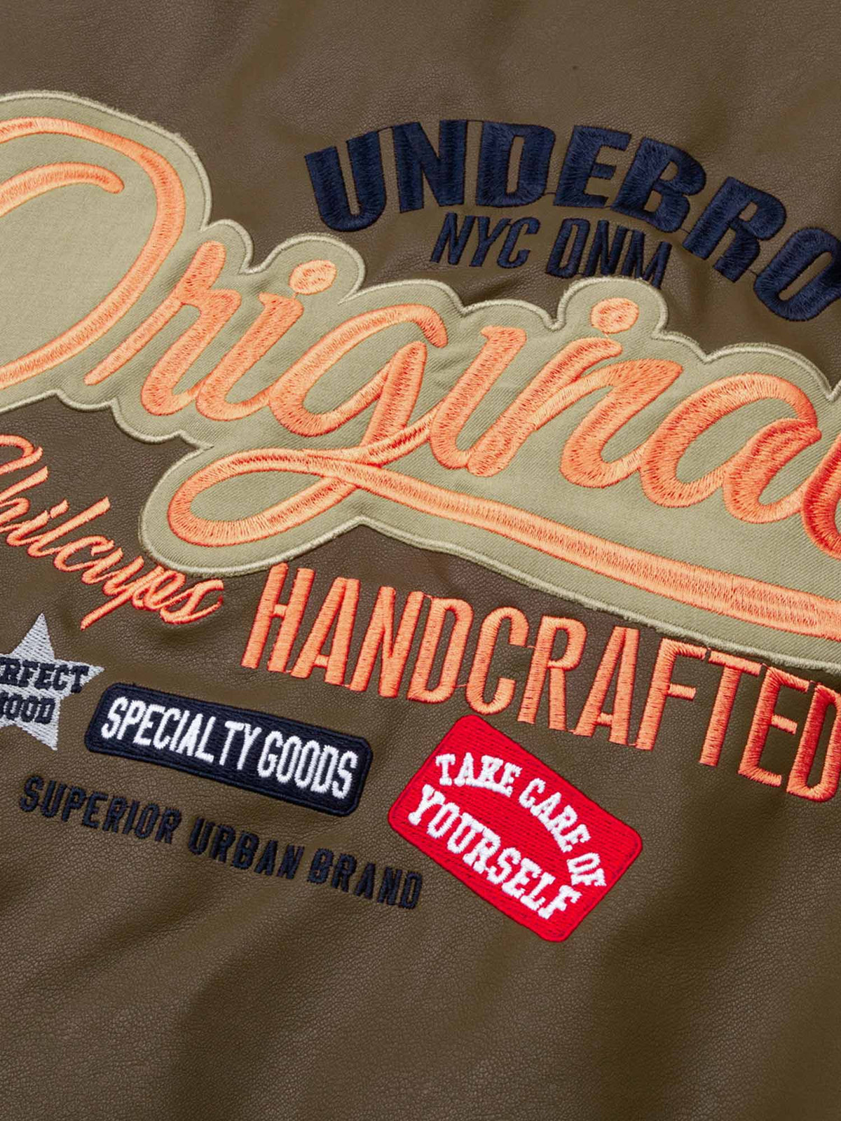 Fushya Lettering Embroidered Leather Bomber Jacket