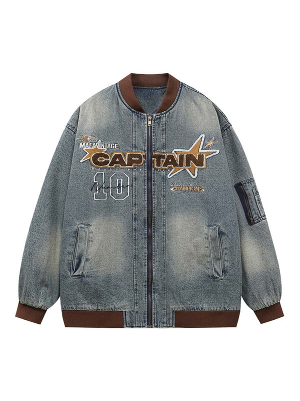 Fvshya Alphabet Patch Embroidered Quilted Denim Bomber Jacket - 2311