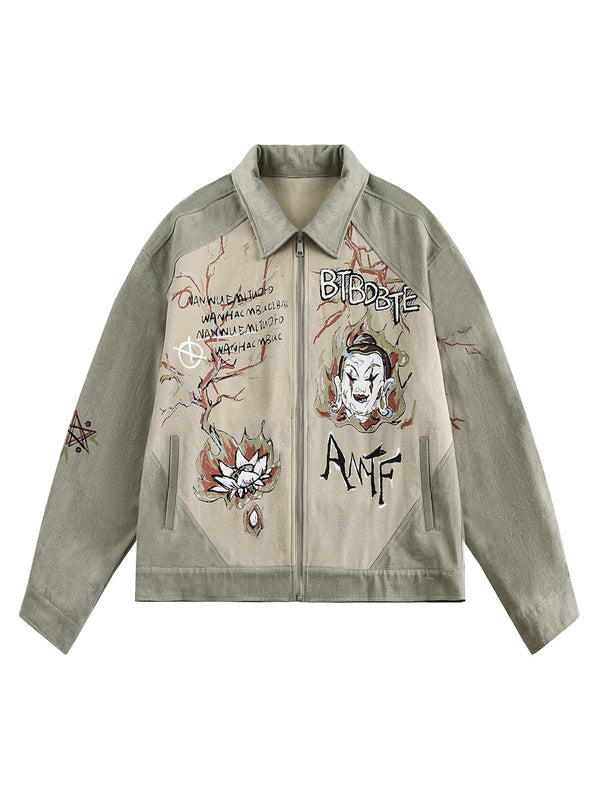 Fvshya Graffiti Patchwork Lapel Denim Jacket