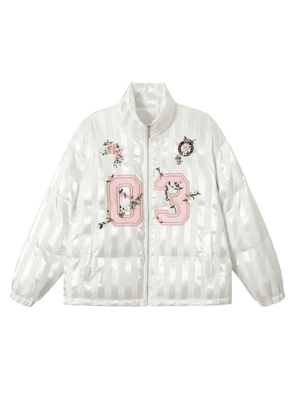Fvshya Floral Letter Embroidered Stand Collar Cotton Coat