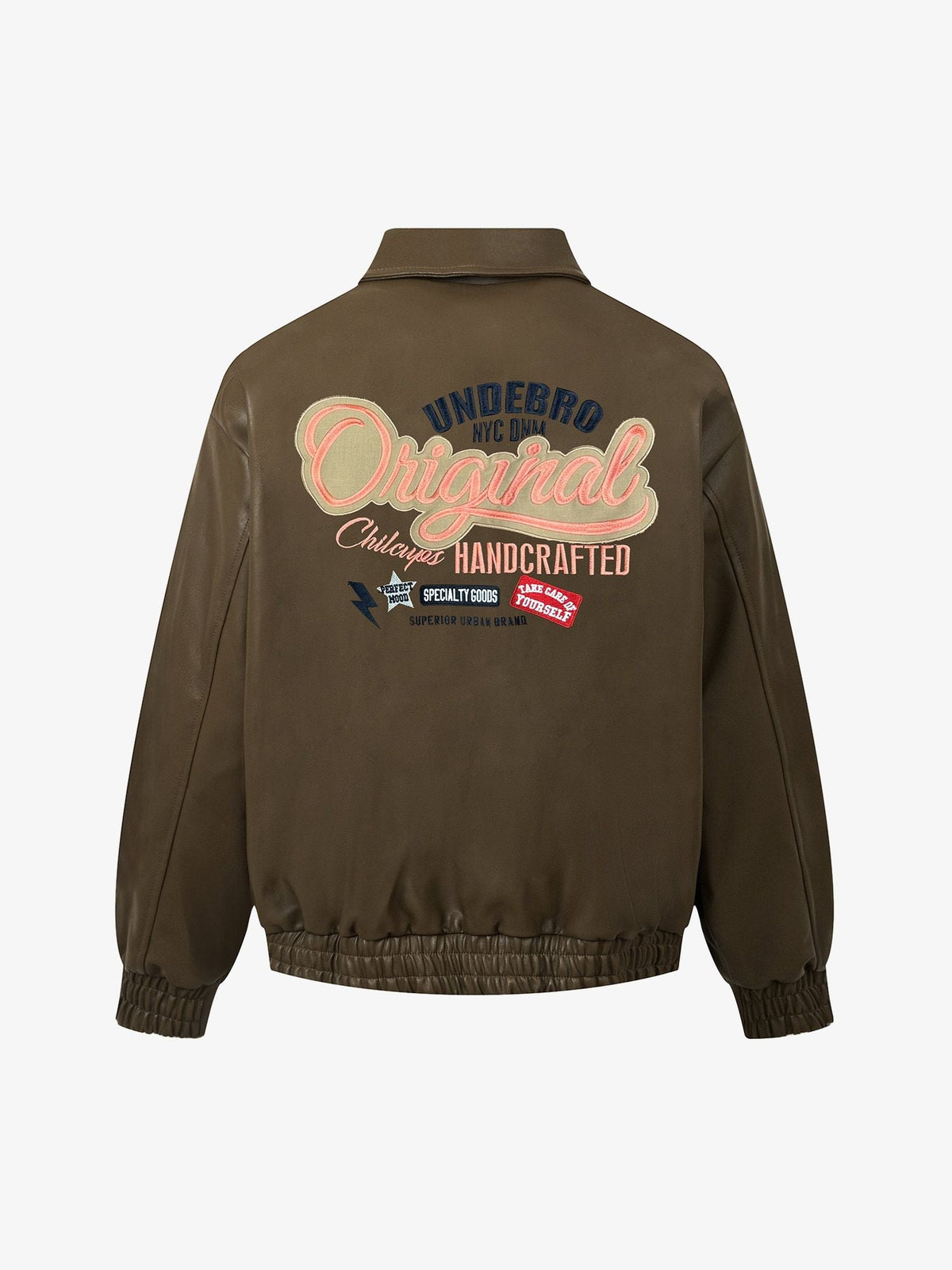 Fushya Lettering Embroidered Leather Bomber Jacket