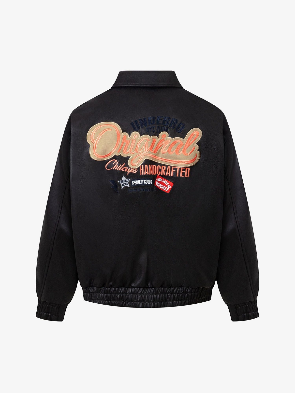 Fushya Lettering Embroidered Leather Bomber Jacket