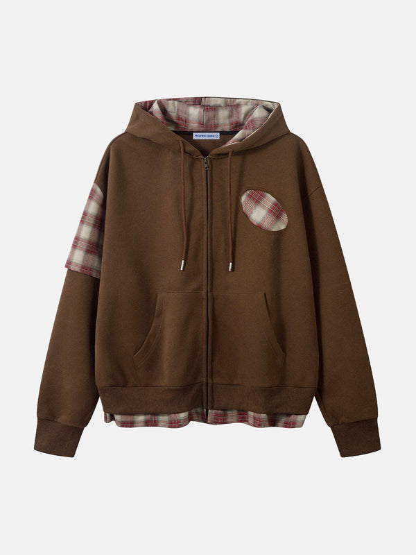 Fushya Irregular Plaid Patchwork Zip Up Hoodie