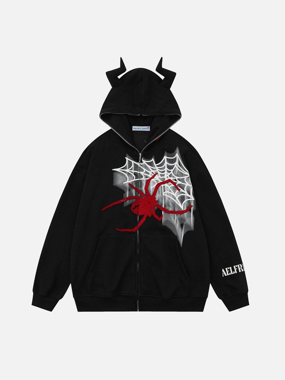 Fushya Horn Design Flocking Spider Zip Up Hoodie