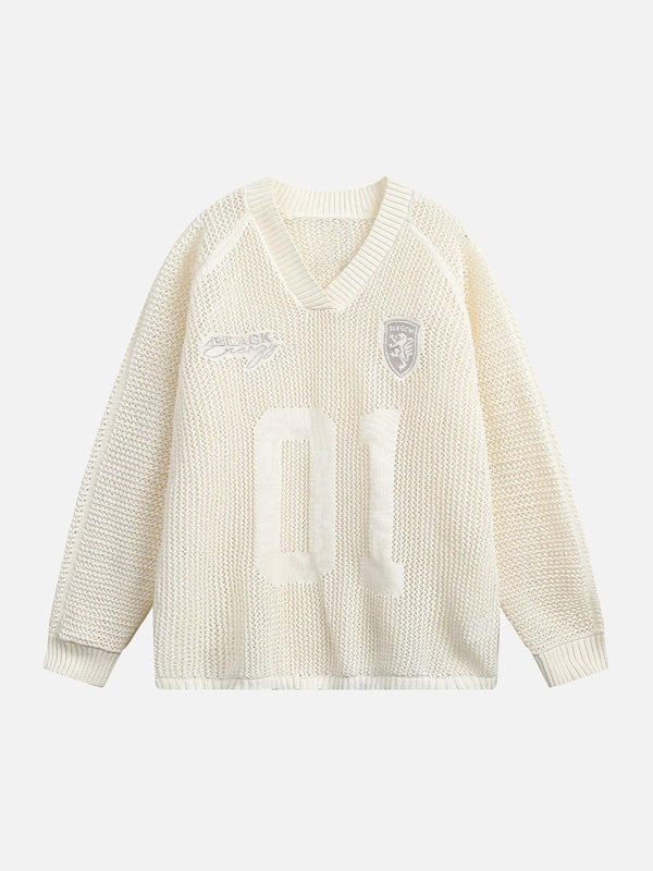 Fvshya Vintage Ripped Long Sleeve Knitted Jersey V-Neck Sweater